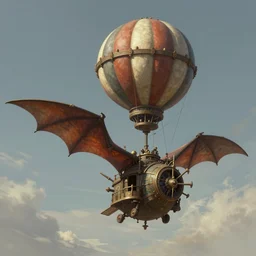 a medievalpunk flying vehicle with an air balloon and bat like wings, matte painting, by thomas Cole, James Gurney, Craig mullins, RHADS, Trending on Artstation