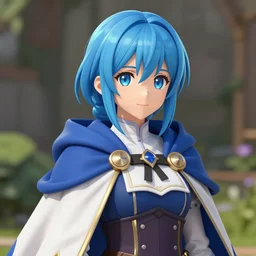 portrait of a female alchemist with short blue hair wearing a tunic and a cape character art from Bravely Default 2, videogame, jRPG, character art, digital art, high quality, beautiful face