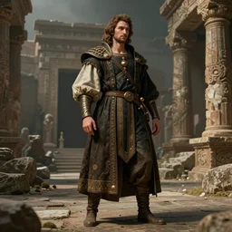 costume design made by gigachad, sophisticated composition, old masters light composition, procedurally generated, character posing for concept art, ancient ruins behind, substance designer, PBR, HD, Ultra detailed, hyperrealistic, megascans, volumetric light, concept by master artist, made in paint tool SAI2, trending pixiv face