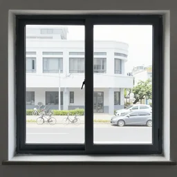 looking out a window there's a building and bicycles and cars