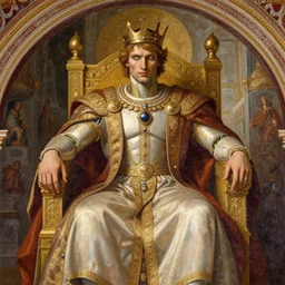 beautifully painted mural portrait of a cyborg king in ornate royal garments sitting in his royal throne room, piercing glowing eyes, intricate, elegant, incredible lighting, sci fi scenery, fantasy setting, vogue cover poses, mural in the style of sandro botticelli, caravaggio, albrecth durer