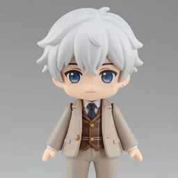 nendoroid aziraphale from good omens, white curly short hair, beige suit, brown tartan vest