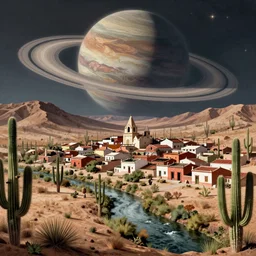 a mexican village in the desert, surrounded by cacti and hills, a river runs though the plain, in the background a giant planet with rings fills the sky, in the style of thomas payne, insanely detailed.