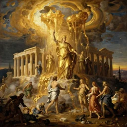reinassence painting gold drenched apocalyptic acropolis. gold cascade from the afternoon sky