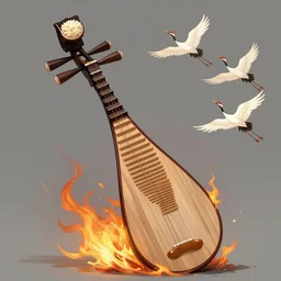 the instrument pipa is used as firewood, burning cranes danced in the air, digital painting, concept art