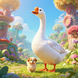a big white goose on top of a dog by wenjun lin, irakli nadar, bright colors, octopath traveler, wenjun lin, unreal engine 5 highly rendered, global illumination, radiant light, detailed and intricate environment