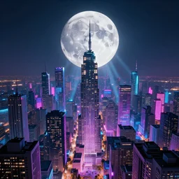 a cityscape with a big moon, vaporwave, synthwave, glowing neon lights, detailed illustration, sharp focus, concept art, unreal engine, octane render, god rays, intricate, epic lighting, cinematic composition, hyper realistic, 8 k resolution, unreal engine 5, by artgerm, tooth wu, dan mumford, beeple, wlop, artstation