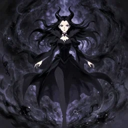 style of makoto shinkai, loish : : gorgeous willa holland : : evil witch, swirling black magic : : symmetrical face, symmetrical eyes : : full body pose : : gorgeous black hair : : magic lighting, low spacial lighting : :