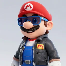 hyper detailed comic illustration of a cyberpunk Super Mario  wearing a futuristic sunglasses and a gorpcore jacket, markings on his face, by Android Jones intricate details, vibrant, solid background, low angle fish eye lens