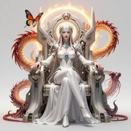 horizon zero dawn princess , sitting on intricate throne, high tech, cyberpunk, dystopian, jellyfish phoenix dragon, butterfly squid, burning halo, intricate artwork by Harumi Hironaka, Guy Denning, very coherent symmetrical artwork, cinematic, hyper realism, high detail, octane render, unreal engine, 8k, Vibrant colors, Smooth gradients, High contrast, depth of field,