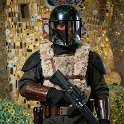a beautiful portrait of a space bounty hunter by Gustav Klimt trending on Artstation