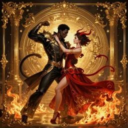 black man and a female devil in red dress are dancing together in fire, Dark Souls 3 themed, in style of Ruan Jia, insanely detailed and intricate, golden ratio, elegant, ornate, luxury, elite, matte painting, cinematic, cgsociety, James jean, Brian froud, ross tran, Laputa