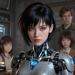 heavy makeup. cybertronic mechanoid led fembot. standby - mode. highly detailed portrait of dark haired motoko kusanagi as a robot with a messy hairstyle. screenshot from hbo's westworld ( 2 0 1 6 ), norman rockwell, stephen bliss, 8 k, art by greg rutkowski, makoto shinkai, global radiant illumination, detailed and intricate environment