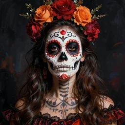 illustration of a sugar skull day of the dead girl, art by francisco goya