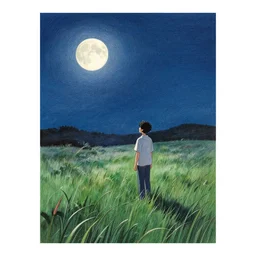 a field at night, night time, moonlight, dark blue sky, finely illustrated, highly detailed, colored pencil, good value control, good edge control, anime, animation, watercolor texture, 8 k