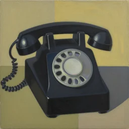 A abstract painting in the style of Tatsuro Kiuchi, flat colour-block style, black, navy, olive, mustard, geometric abstraction, painting of a vintage phone, modern pastel colours