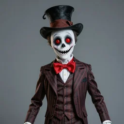 a Pop Wonder scary horror themed goofy-hilarious-character Jack-Frost-Babadook-scarecrow-madhatter-williewonka-wearing a scarf with RED-Eyes, 3-piece-suit, dime-store-comic drawn with charcoal and pen and ink, half-tone-line-stacking