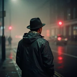 analog photograph of a man from the back wearing a raincoat and a hat in bombed london, fog at night by mark owen. red lights. bokeh. cinematic. hq. detailed. contrast. cinestill 8 0 0 t