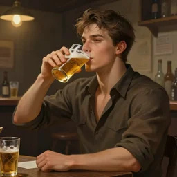 a young handsome guy, drinking beer in a tavern. intricate, elegant, highly detailed, digital painting, artstation, concept art, sharp focus, illustration, by justin gerard and artgerm, 8 k