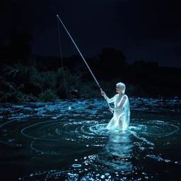 dark fantasy movie frame, panorama, a shining achilles fishing in the magic shining river styx, at night, magic, stanley kubrick, wide shot, surreal, deep