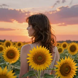 the back of a woman in a field of sunflowers, art by ilya kuvshinov and makoto shinkai, sunset, portrait, highly detailed, digital painting, trending on artstation, concept art, sharp focus, illustration