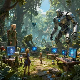 a place where fantasy meets high technology with elves, orcs, forests, robots, computers, unreal engine, high detailed, octane render