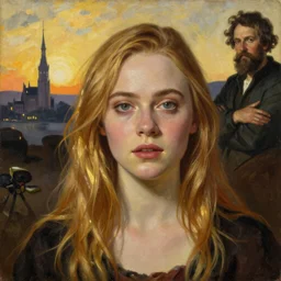 Elle Fanning as an Android, head and shoulders masterpiece, oil on canvas, golden hour, in the world of Andrew Wyeth and Fallout 3, artstation, by J. C. Leyendecker and Peter Paul Rubens,