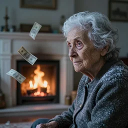 in a frozen old living room a close up portrait of a solitary old underweight lady is cold, in the fireplace burning money floats in the air, hyper realistic photo, full colour, kodak porta 4 0 0, depth of field, upscale, 8 k, masterpiece,