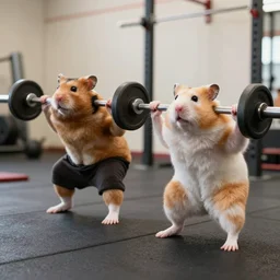 two sporty hamsters do barbell squats at the gym