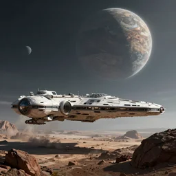 The spaceship of refugees approaches a distant planet Terminus, detailed, sci-fi, realistic