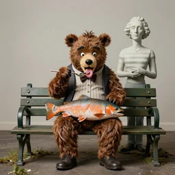 beautiful studio photograph of a surrealist assemblage of fozzie bear eating a live salmon on a park bench, sculpted by ron mueck and matthew barney and rene magritte, hysterical realism intense cinematic lighting shocking detail 8 k