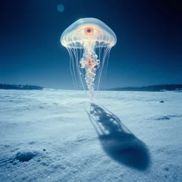 the first snow on a young earth, majestic landscape, long shadows, glowing fractal jellyfish with an eye, still frame from the voyage of time movie by terrence malick with cinematogrophy of emmanuel lubezki with art direction of giger, arri alexa, ultra wide anamorphic lens, optical flares, 8 k