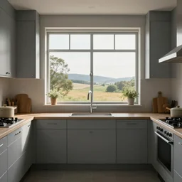 a light grey kitchen with large window, cinematic look, god lighting, 4 k, beautiful landscape
