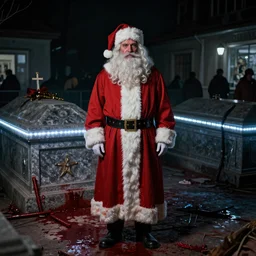 santa standing in a mortuary with led strip lighting and blood soaked floor, artstation, morbid, dark photography, realistic, candid street portrait in the style of Rehahn award winning, Sony a7R,