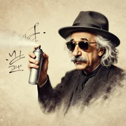 einstein spray painting a formula on a wall with hat and sunglasses vintage