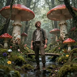 adventurer ( ( ( ( ( 1 9 5 0 s retro future spooky swamp of giant mushrooms, moss and flowers, stream with bridge. muted colors. ) ) ) ) ) by jean baptiste monge!!!!!!!!!!!!!!!!!!!!!!!!! chrome red
