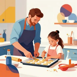 father and daughter baking cookies, colorful, abstract geometric digital art