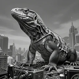 giant lizard looming over city, grayscale, old time camera, realistic 4 k octane beautifully detailed render, 4 k post - processing, highly detailed, intricate complexity, epic composition, magical atmosphere, cinematic lighting, masterpiece, ultra hd