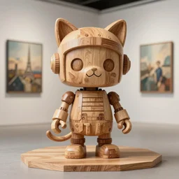 3D 8k octan render ,ultra photorealistic, detailed unreal engine ,a wooden sculpture wooden art toys wooden on feet very cute robot roman wooden with cat ears , zen méditation cyberpunk concept art wooden ,trending on cgsociety, a contemporary art gallery art  in néo Paris