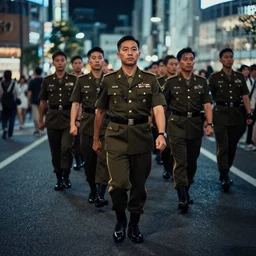 lomography, full body portrait photo of reol wearing a military uniform marching down the street in shibuya at night, moody, realistic, dark, skin tinted a warm tone, light blue filter, hdr, rounded eyes, detailed facial features