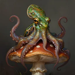 a cthulhu octopus frog sitting on mushroom, highly detailed, digital painting, concept art, sharp focus, illustration, masterpiece, matte painting, glorious, unsettling, by lovecraft and greg rutkowski, luis royo and wayne barlowe, artstation