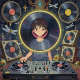 surreal gouache painting, by yoshitaka amano, by ruan jia, by Conrad roset, by good smile company, detailed anime 3d render of a magical  round flying Vinyl Discos , DJ Mixer, deck   surrounded by Dragonfly,flying discos , controller, portrait, cgsociety, artstation, rococo mechanical and Digital  and electronic, dieselpunk atmosphere