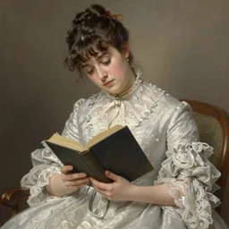 young victorian lady in ball gown, absent - minded, holding a book, high hand detail!, painted by alfred stevens