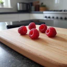 low angle, mobile photo of few raspberries lie on a cutting board on the table, kitchen background, android cameraphone, 2 6 mm