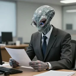 photo of a real gray alien in a suit and glasses, reading a document at a desk in an office. Highly detailed 8k. Intricate. Sony a7r iv 55mm. Award winning.