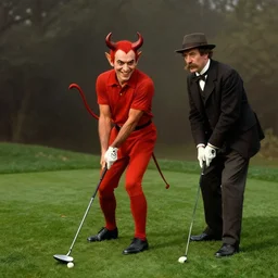 colorful portrait of a the devil playing golf with a friend, happy, 1 8 0 0 s victorian photo, hand coloured photo, cinematic lighting, atmospheric, realistic, octane render, dramatic lighting, highly detailed, cinematic, by joel peter witkin and hieronymus bosch