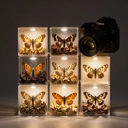 composition of 6 square boxes with different moths spicies, diorama, front view, light mode, led lamps, macro photo, canon camera, leans 3 5 mm f 2. 8, 8 k