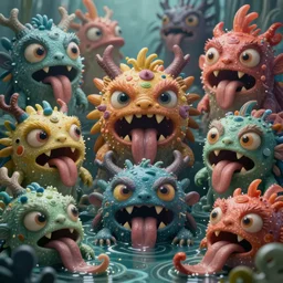 intricate colourful murky with strange cute friendly angry crazy creatures!!! with huge beauty eyes long tongue triangle teeth and scary face appearing from the water, in the style of craola, shallow depth of field, highly detailed, digital painting, trending artstation, concept art, illustration, cinematic lighting, vibrant colors, photorealism, epic, octane render