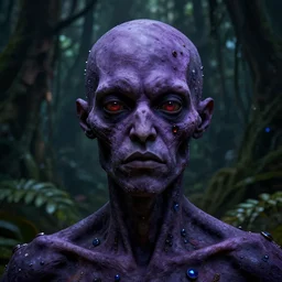 dark zombified violet human with highly detailed blue and red jewels in his skin. neutral facial expression, no blood. head and shoulders'shot. dark background is an organic rainforest. digital art. 4 k octane render.