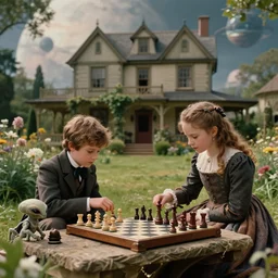 sharp, highly detailed, 4096k film, 1400mm film still from a sci fi blockbuster color movie made in 2019, set in 1860, of a boy and a girl playing chess with their small pet humanoid alien creature, in the garden of a house on an alien planet, are all wearing 1860s era clothes, cinematic lighting, in focus, 350mm f/1.4L lens